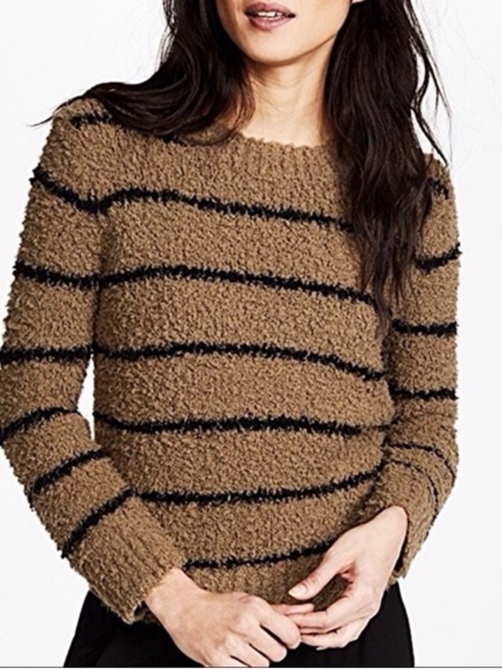 Vince Taupe Fuzzy Crewneck Sweater with Black Stripes